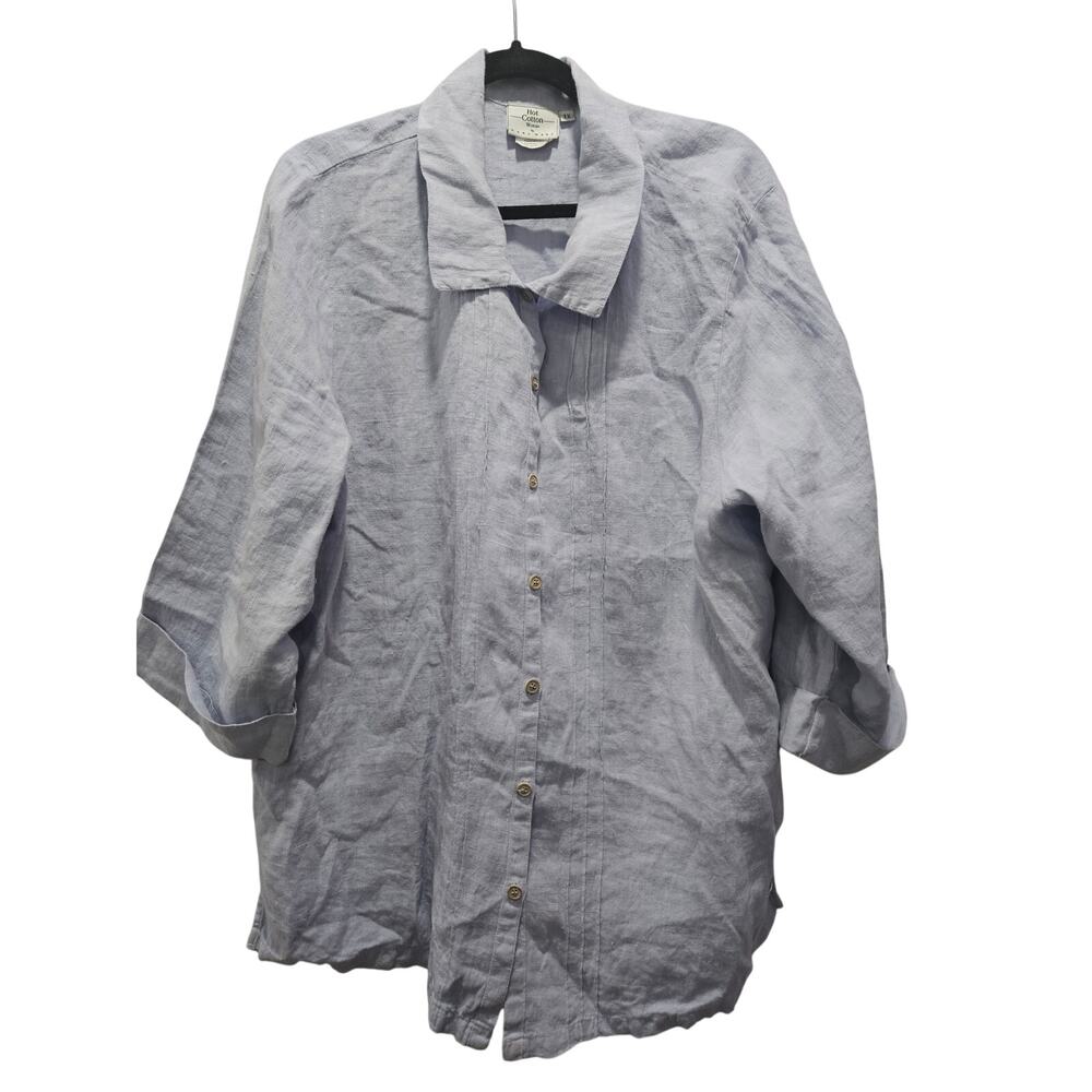 Hot Cotton Woman Marc Ware 100% Linen Light Blue Button Front Shirt 1X USA